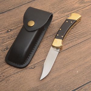 New Classic 112 AUTO Tactical Folding Knife 440C Satin Blade Ebony/Brass Head Handle EDC Pocket Knives With Leather Sheath Gift Knifes