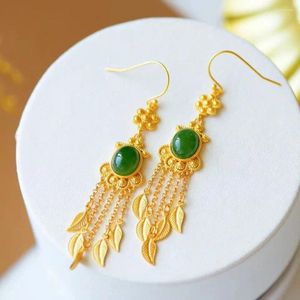 Brincos pendurados prata esterlina s925 estilo étnico natural hetian jade verde fada chinês antigo brincos borla feminina