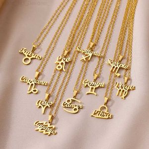 Colares de pingente de aço inoxidável 12 constelações colares para mulheres signo do zodíaco pingente colar banhado a ouro casal vintage corrente jóias presentel240104