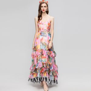 Kadın pist elbisesi seksi v boyun spagetti kayışları çiçek baskılı katmanlı fırfırlar moda tasarımcısı tatil uzun vestidos