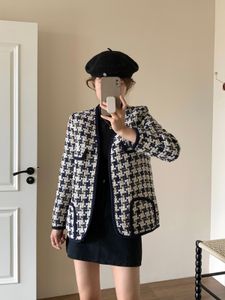 Women Houndstooth tweed boucle blazer jacka - trendig vintage stil outfitt