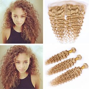 Wefts Virgin Peruvian Human Hair Honey Blonde Deep Wave Weaves with Frontal 3Bundles #27 Blonde Deep Wavy Wefts with 13x4 Lace Frontal C