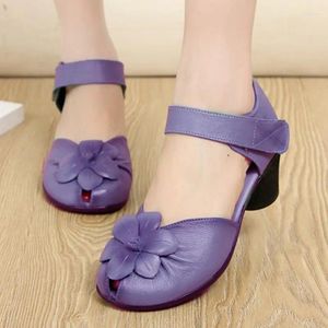 Sandals Elegant Floral Women 2024 Luxury Purple Leather Heels Shoes Caual Peep Toe Sandales Femme Mom Designer Mary Janes Sandal