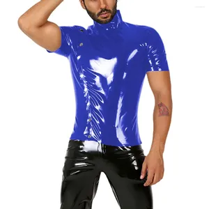 Men's T Shirts Wetlook PVC Leather Button Up Mens Tops Nighclub Party Turtleneck Short Sleeve T-Shirt Sissy Male Faux Latex Slim Tees 7XL