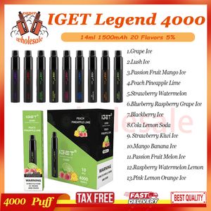 100% Original IGET Legend 4000 Puff Descartável Vape Pen Mesh Bobina 14ml Pod pré-preenchido 4K E Cigarro 5% RBG Light Vape Pen Kit 13 sabores em estoque