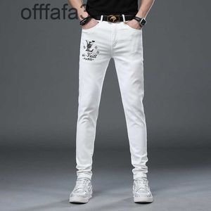 Purple Jeans Mens Pant 2024 Spring New Men's White Jeans Elastic Slim Fit Small Foot brodered Casual Mid Rise Pants for Men