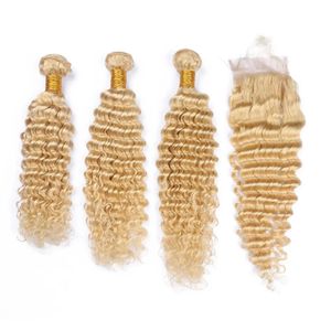 Tressen Neuankömmling Virgin Peruanisches Blondes Echthaar Tressen Tiefe Welle mit 4x4 Spitzenverschluss #613 Blonde Virgin Hair Weaves 3Bundles mit C