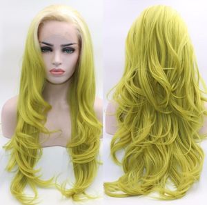 Фэнтезийная красота, длинный волнистый парик с омбре, кружевной передний парик с белыми корнями, омбре, желто-зеленый, синтетический, термостойкий, полный парик1023511