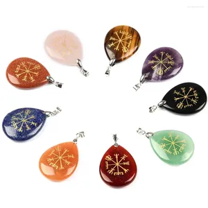 Pendant Necklaces Natural Crystal Agate Carving Compass Water Droplet Stone Crafts Ornaments Viking Symbol Rune Vegvisir Handmade Jewelry