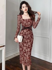 Casual Dresses Spring Women Midi Dress Elegant Retro Temperament Lace Hook Flower Hollow Long Sleeve High Waist Robe Femme Office Party