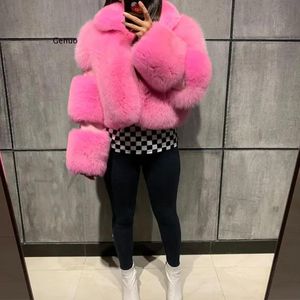 Jackets Winter Furry Thick Overcoat Cropped Faux Fur and Leather Patchwork Jacket Women Plush Faux Fur Short Coat Fake Fox Fur Outwear