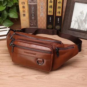 Couro genuíno cintura fanny pacote saco para homens viagem retro pele natural masculino bolsa cruz corpo estilingue peito hip bum cinto sacos 240103