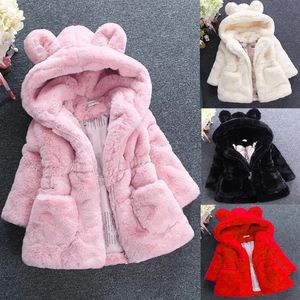 Baby flickor kläder faux pälsrock fleece jacka varm snöar huva parka barn ytterkläder vinterkläder spädbarn överrock 240104