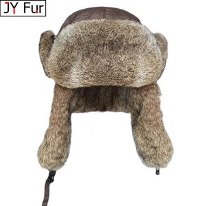 Ryssland Winter Real Fur Hat Män utomhus vindtät super varm kanin pälsbombare hattar naturliga mjuka mössor 240103
