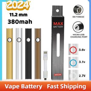 510 Thread Max Vorheizbatterie 380 mAh VV Einstellbare Spannung Vape-Batterien für Tankglas-Keramikkartuschen Buttom Micro Charge Port 11,2 mm Zerstäuberkartuschen