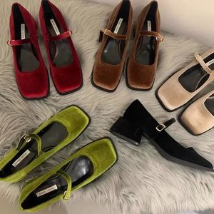 Spring Autumn Women's Luxury Party Shoes Medium Heel Retro Square Toe Velvet Mary Jane Shoes Flat Square Buckle Single Loafers 240103