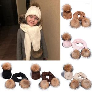 Lenços 2 peças conjunto crianças chapéu de inverno cachecol para meninas reais pele de guaxinim pom gorros mulher boné de malha atacado