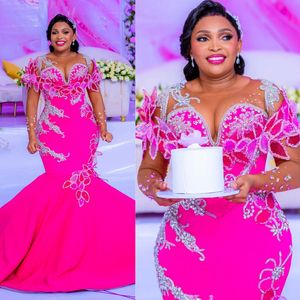 Fuchsia plus size aso ebi prom klänningar sjöjungfru illusion långa ärmar strass formella kvällsklänningar för afrikanska svarta kvinnor födelsedagsfest klänning pageant nl307