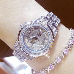 Relógios de pulso BS Bee Sister 2024 Full Diamond Gold Watch para Mulheres Luxo Elegante Senhoras Moda Prata Cristal Pulseira Relógios
