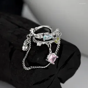 Orecchini con clip posteriore in argento sterling S925 con dopamina, gioielli in pietra colorata con catena cava libera femminile