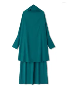 Vestidos de trabalho das mulheres saia de duas peças terno cor sólida manga longa hijab cachecol khimar topos saindo vestido solto robe para muçulmano