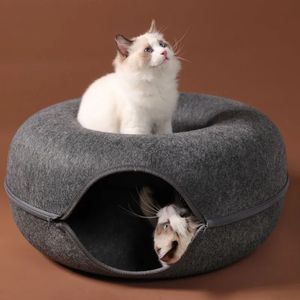 Donut Cat Bed Pet Tunnel Interactive Game Toy Dualuse inomhus Kitten Sportutrustning Training House Y240103