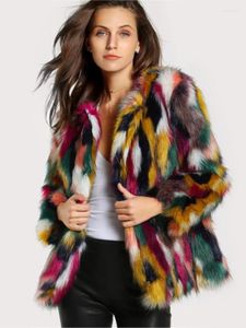 女性用女性の毛皮の混合色フェイクコートラウンドネック長袖暖かい厚い模倣コート女性ファッショナブルな冬のアウトウェア