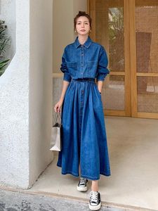 Casual Dresses Women Denim Dress 2024 Autumn Long Sleeve Single Breasted Slim Elegant Vintage Big Swing Cowboy Shirt Maxi 6543