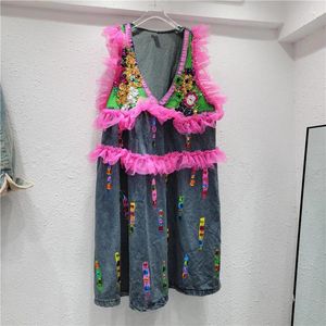 Casual Dresses 2024 Autumn Korean Style Fashion Hand-Painted Beaded Mesh Sleeveless Mid-Length Denim Dress Women Youthful-Looking Outwears