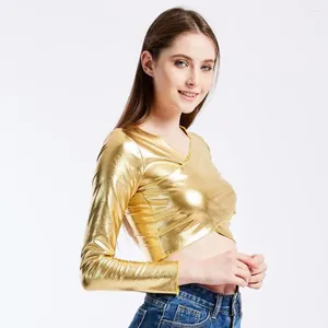Women's Blouses Soft Stretchy Top Performance Dance Lady Blouse V Neck Faux Leather Pullover For Women Club Slim Fit Breathable Long Sleeve