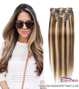 Destaque marrom loiro clipe reto em tecer panio cor 4613 grampo de cabelo humano em extensões cabeça cheia 70g 100g extensão natural97926852