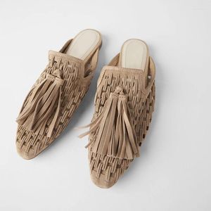 Tofflor 2024 Autumn Women's Winter Fringe Modern Square Head Flats Lazy Muller Sandals Khaki Tassel Shoes Woman Slide