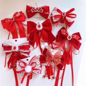 Hair Accessories 2024 Sweet Princess Children's Crown Barrettes Year Red Velvet Bow Long Ribbon Hairpins For Girl Headwear