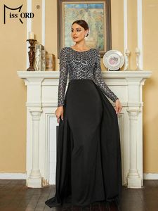 Casual Dresses Missord 2024 Elegant Black Prom Dress with Train Women O-Neck Långärmning Pealchwin Patchwork Wedding Party Evening Gown