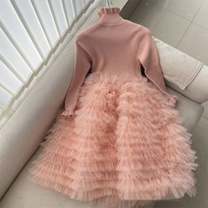 Meninas suéter emenda em camadas rendas tule tutu vestidos crianças gola plissada manga flare príncipes roupas crianças vestido de festa de aniversário Z6486