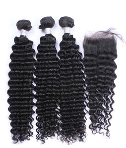 Lace Closures With 3 Bundles Brazilian Curly Virgin Human Hair Weaves 8A Peruvian Malaysian Cambodian Indian Mongolian Jerry Curly6235895