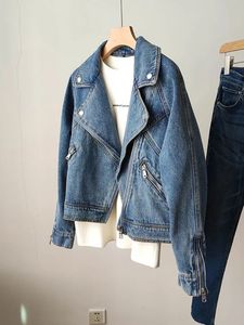 Ftlzz primavera outono feminino casual moto biker denim jaqueta senhora vintage solto lapela zíper cor sólida curto cowboy casaco 240103