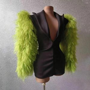 Stage Wear Women Sexy Green Black Big Mesh Sleeves Jacket Singer Dancer Dress Jazz Dance Costume Performance Show Poshoot