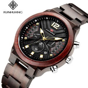 Mode trämän titta på Relogio masculino toppmärke lyxigt snyggt kronograf militära klockor timepieces i trälevur titta på fo268y
