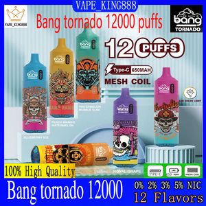 Orijinal Bang Tornado Kutusu 12000 Pufs Puff 12K E Sigara Bangvapes Şarj Edilebilir Tek Kullanımlık Vape Mesh Bobin LED Renk Işıkları 23ml Ön Doldurulmuş Pods