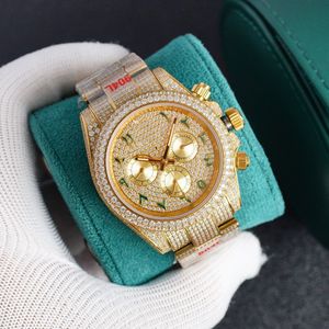 Üst Mens Designer Watch 7750 Hareket Buzlu Lüks Erkek Zamanlama İzle 904 Hassas Çelik Safir Cam Bant Kutusu Yüksek Kaliteli Moda Mens Elmas Saat