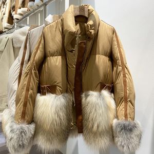 Parkas Women Real Fur Coat Red Fox Fur Cuffs Warm Down Jacket With Zipper Stand Collar Winter Fur Coats