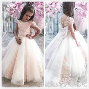 Robes de fille fleur pour les mariages à manches longues princesse Tulle Appliques enfants Pageant robe de bal première Communion