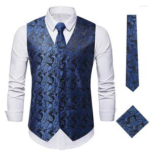 남성 조끼 남성 Jacquard Waistcoat Neck Tie Hanky ​​Cufflinks Set Suit Suit Suit Suite Suit Sue Veless 재킷 웨딩 비즈니스 파티 턱시도