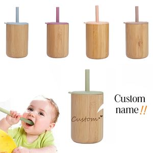 1Pc Custom Name Baby Bamboo Wooden Water Cup Food Grade Silicone Sippy DIY Feeding Cup Baby Learning Cups Kids Birthday Gifts 240104