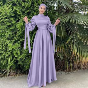 Muslim Fashion Women Islamic Satin Dress Hijab Arabic Pleated Abaya Dubai Balloon Sleeve with Ribbon Eid Mubarak Turkish Dresses 240103