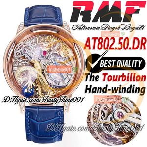 RMF AT802.50.DR Astronomia Tourbillon Relógio mecânico masculino Iced Out Paved Baguette Diamonds Ouro amarelo 3D Art Dragon Dial Pulseira de couro Trustytime001 Relógios