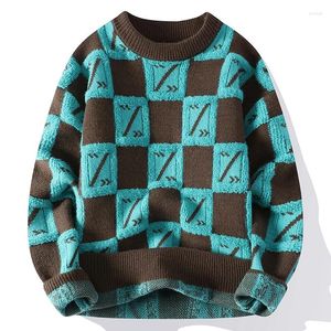 Мужские свитера 2024 осенне-зимняя модная тенденция утолщенный теплый клетчатый свитер повседневный свободный удобный трикотаж высокого качества M-4XL