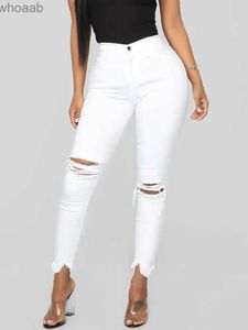 Kvinnors jeans 2023 Elastic Skinny Ripped Jeans Women High midje Jeans Kvinnor med hål Black White Denim Pencil Jeans For Women YQ240104