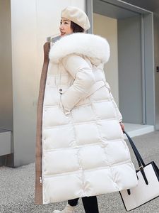 Down Parka Super Long Jacket Female Knee Winter Jacket Kvinna med tjock svart kappa i vinter varm huva fluffiga krage rockar 240103